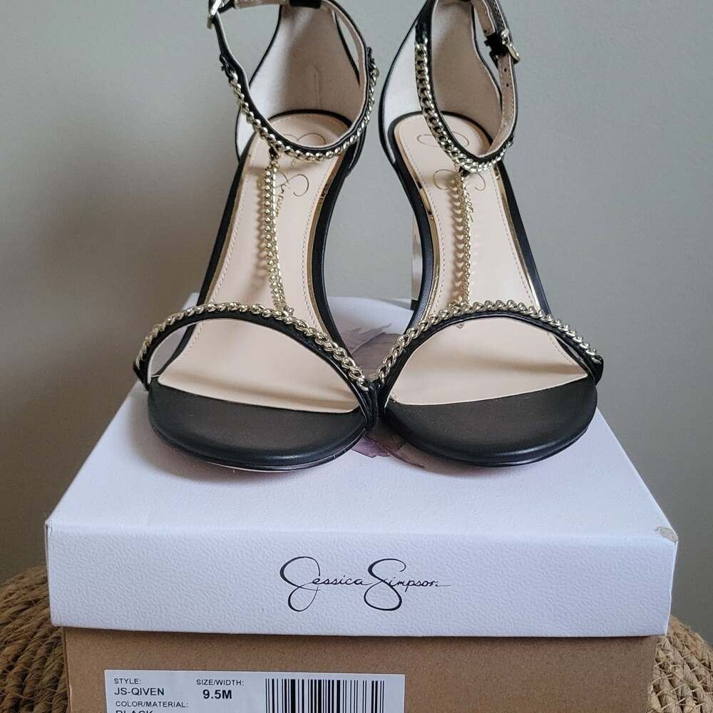 Jessica Simpson Qiven Chain T-Strap Dress Sandals,Black/Gold,9.5 - Picture 10 of 16